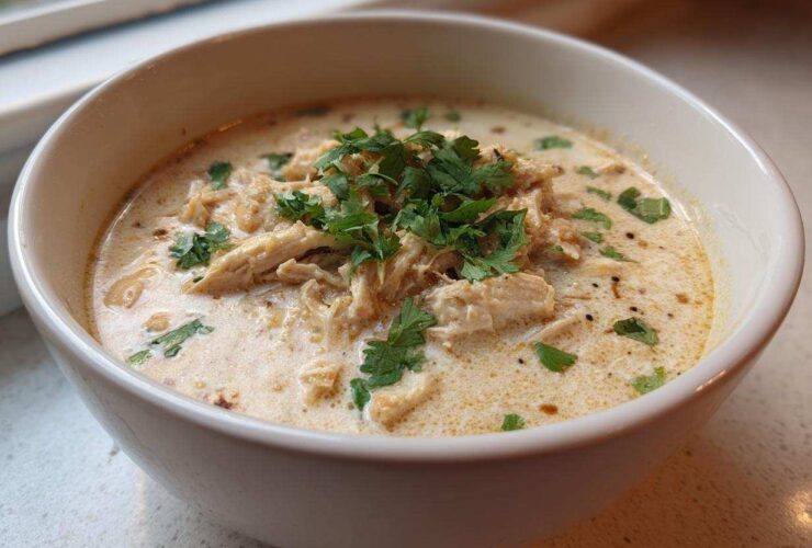 A close-up of a bowl of creamy keto white chicken chili topped with shredded chicken and fresh cilantro.