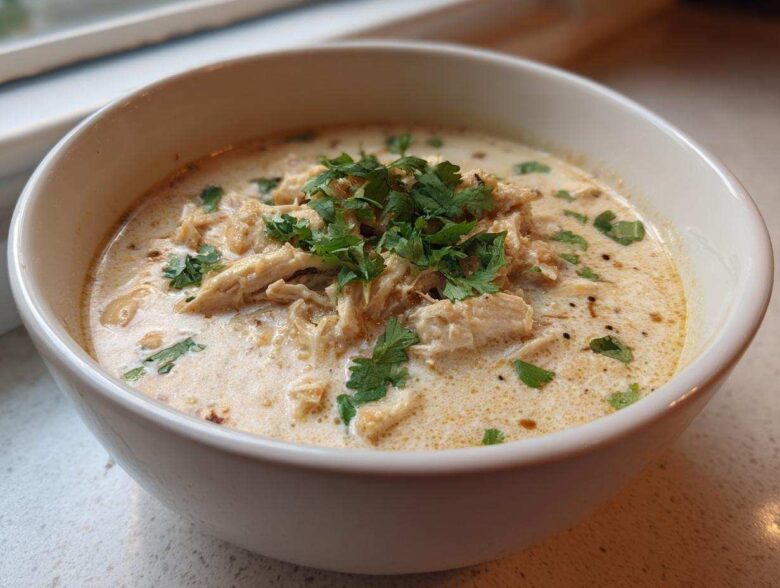 A close-up of a bowl of creamy keto white chicken chili topped with shredded chicken and fresh cilantro.