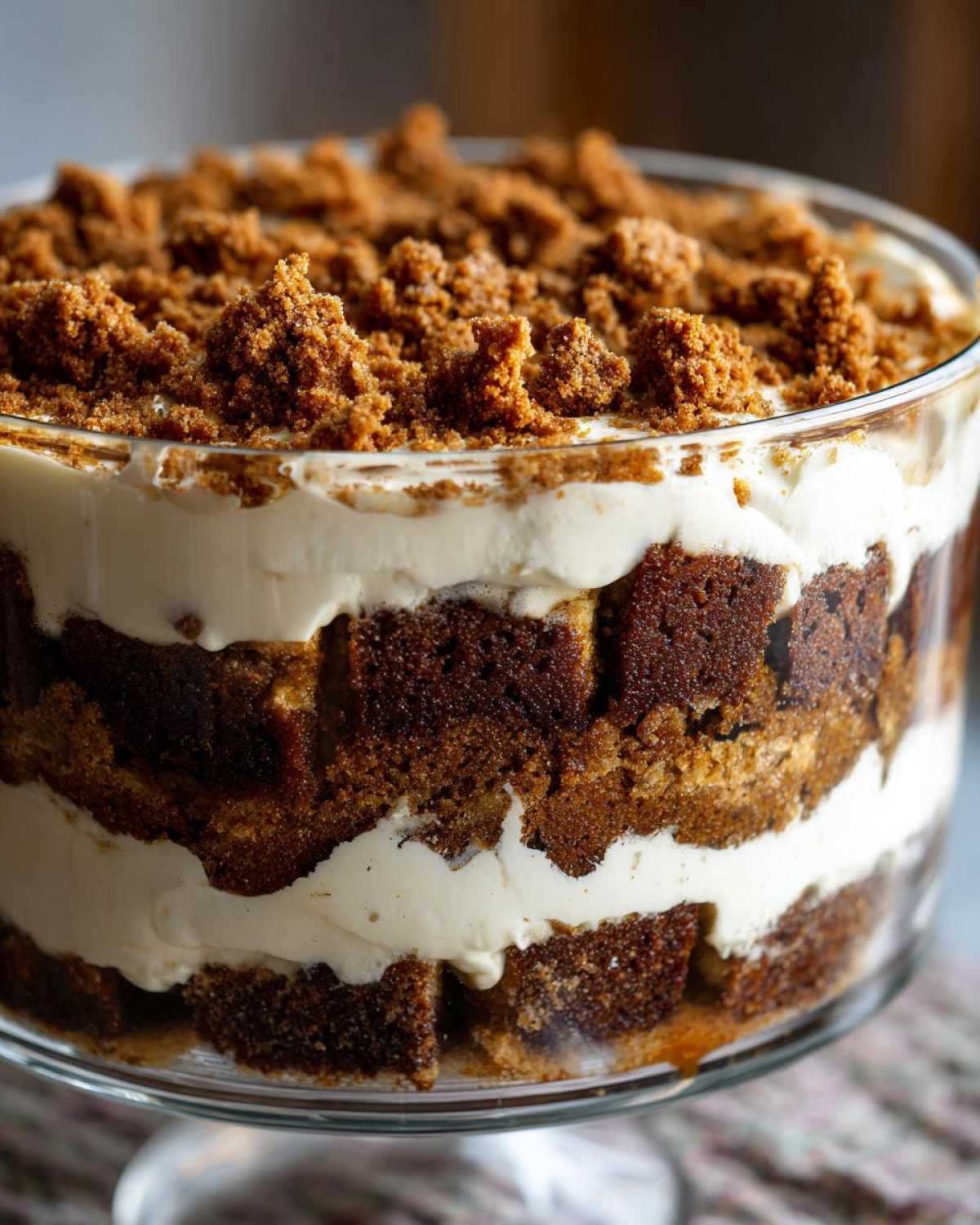 Close-up of a layered gingerbread trifle in a glass bowl, featuring dark cake, white cream, and brown crumble topping.