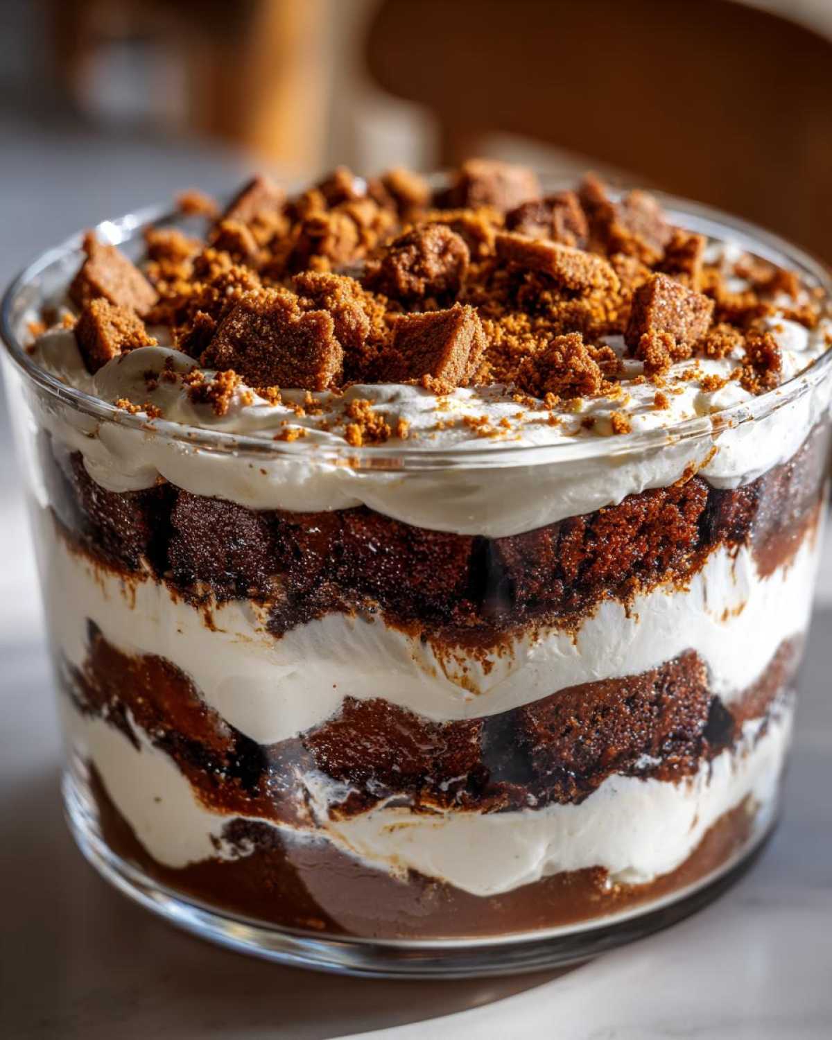 Close-up of a layered gingerbread trifle featuring dark cake, white cream, and crumbled gingerbread topping.