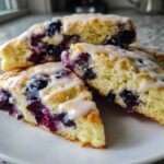 Close-up of three tender lemon blueberry scones, drizzled with white glaze, piled on a white plate.