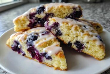 Close-up of three tender lemon blueberry scones, drizzled with white glaze, piled on a white plate.