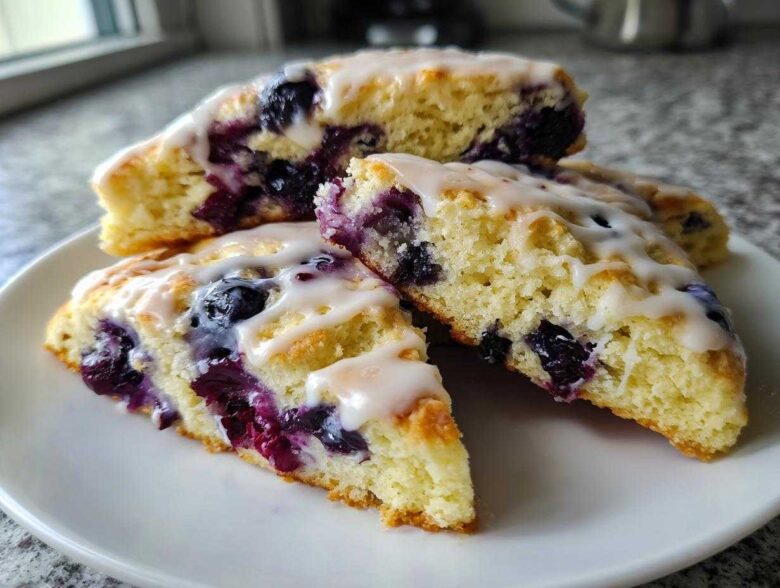 Close-up of three tender lemon blueberry scones, drizzled with white glaze, piled on a white plate.