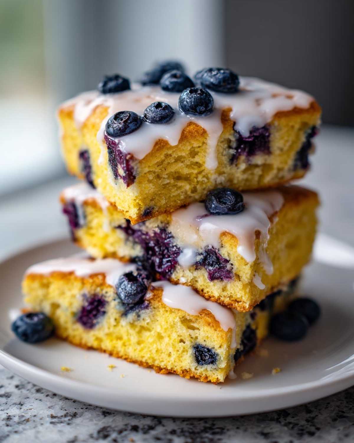 Three stacked slices of tender lemon blueberry scones topped with a sweet white glaze and fresh blueberries.