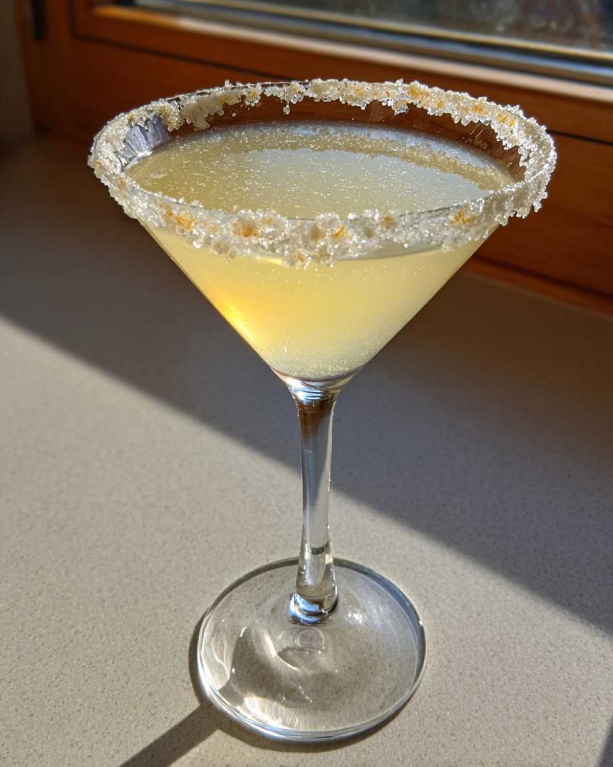 A bright yellow lemon drop cocktail served in a martini glass with a thick, sparkling sugar rim.