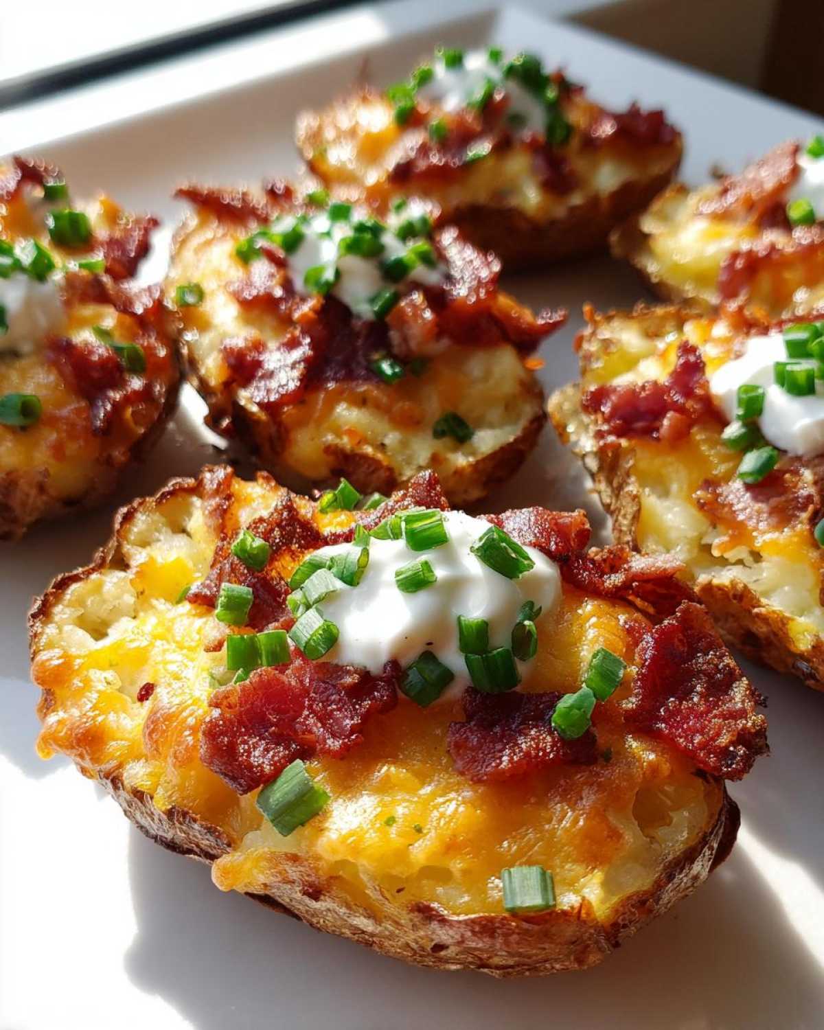 Close-up of baked potato skins loaded with melted cheese, bacon bits, sour cream, and fresh chives.