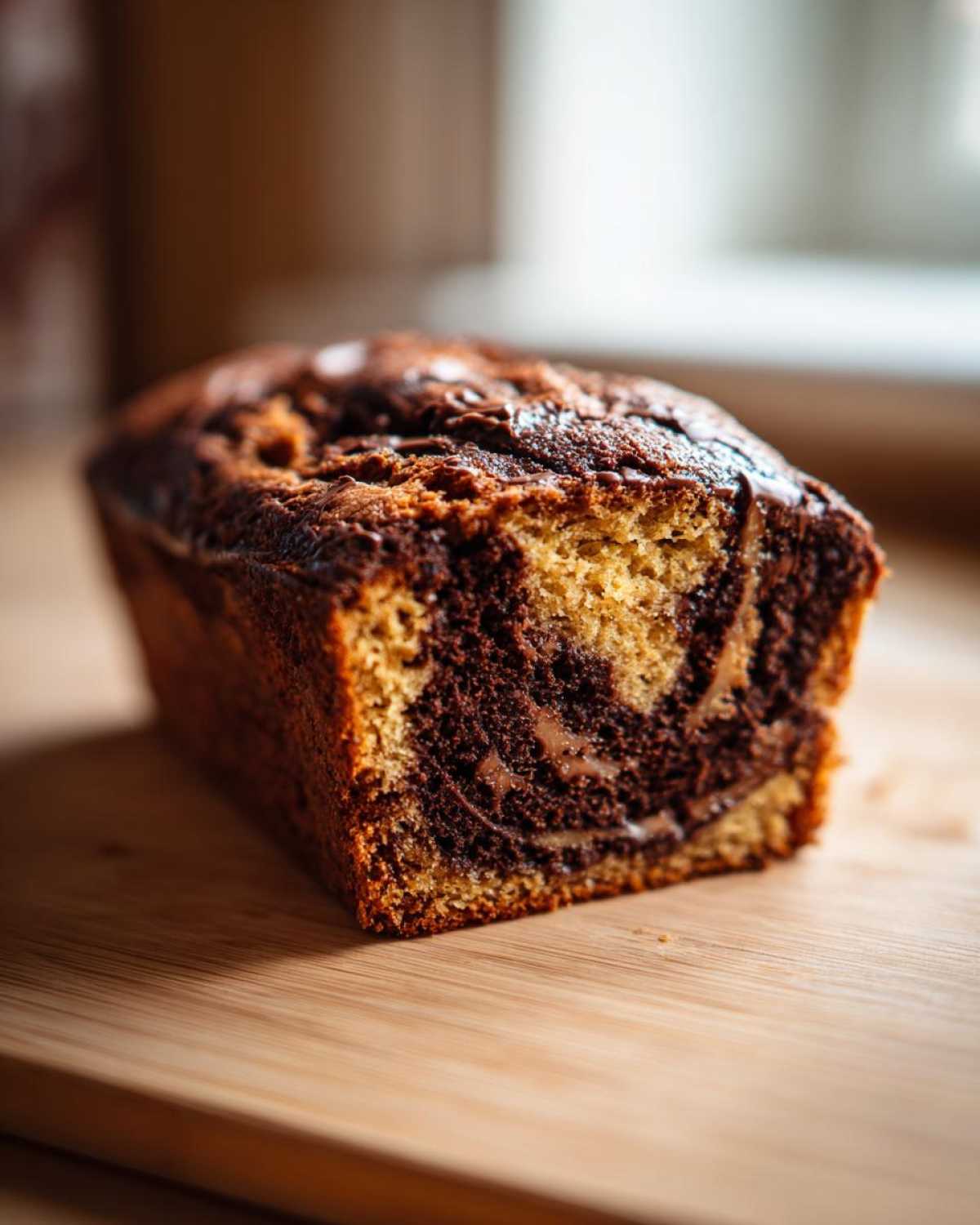 Close-up of a freshly baked chocolate bread loaf showing a beautiful marble swirl pattern inside.