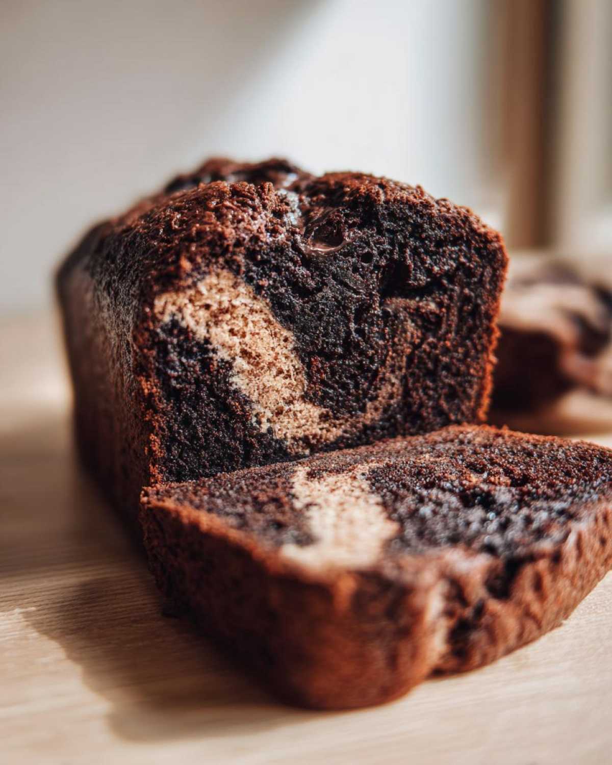 Close-up of a rich, dark marbled chocolate bread loaf with one slice cut and resting in front.