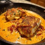 Two seared chicken breasts submerged in a rich, orange-hued Marry Me Chicken sauce with sun-dried tomatoes.