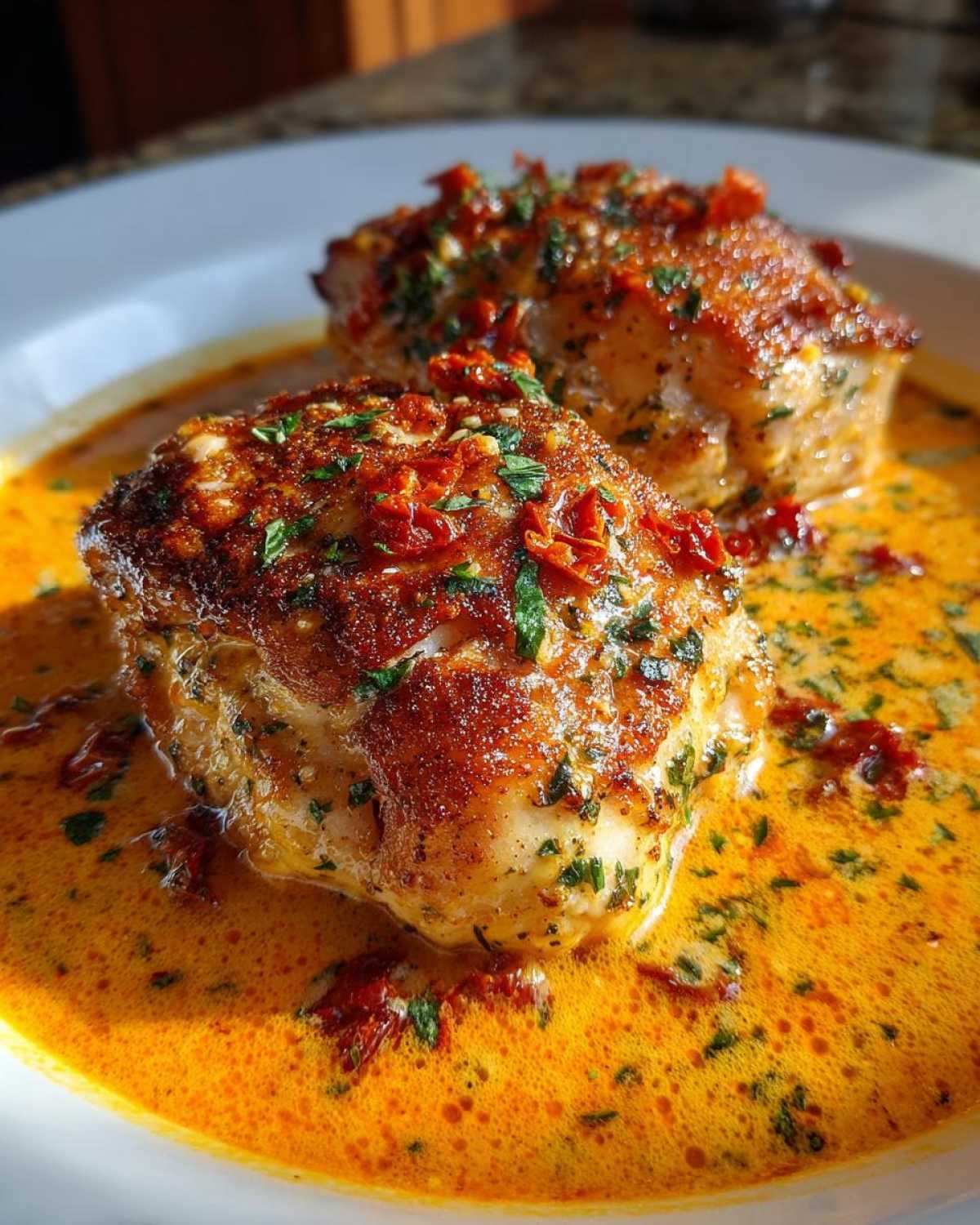 Two pieces of seared marry me chicken resting in a rich, creamy, orange-hued sauce topped with sun-dried tomatoes and parsley.