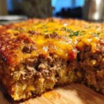 A close-up, cross-section view of a hearty mexican cornbread casserole topped with melted cheddar cheese and parsley.