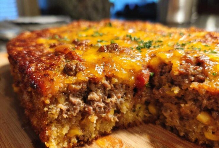 A close-up, cross-section view of a hearty mexican cornbread casserole topped with melted cheddar cheese and parsley.