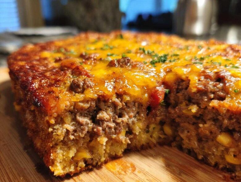 A close-up, cross-section view of a hearty mexican cornbread casserole topped with melted cheddar cheese and parsley.