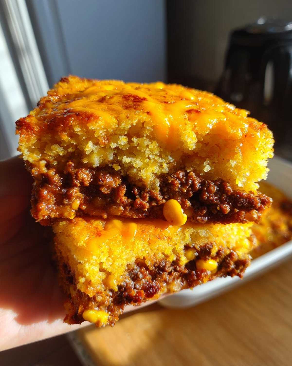 A handheld cross-section of a moist mexican cornbread casserole showing layers of seasoned ground meat and corn filling topped with melted cheddar cheese.