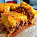 A thick slice of moist Mexican cornbread casserole, showing a savory ground meat filling between the cornbread layers.