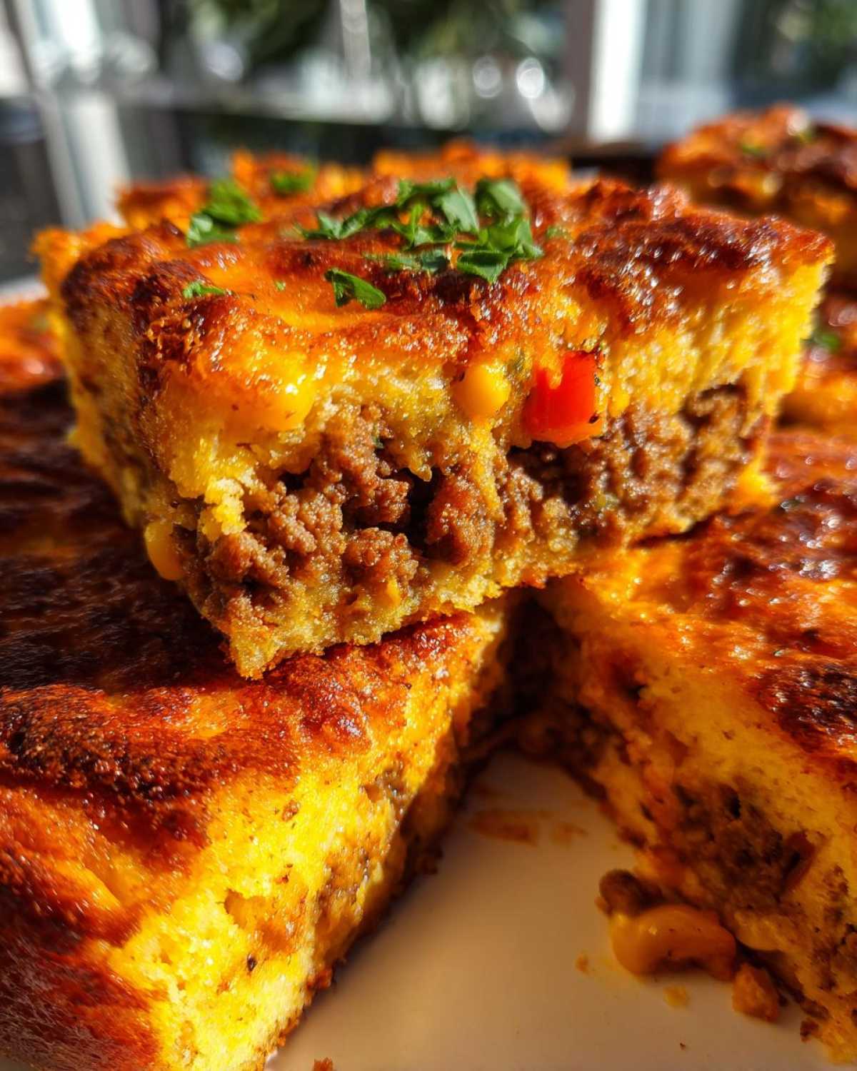 Close-up of a rich slice of mexican cornbread casserole showing the seasoned ground meat layer and golden cornbread top.