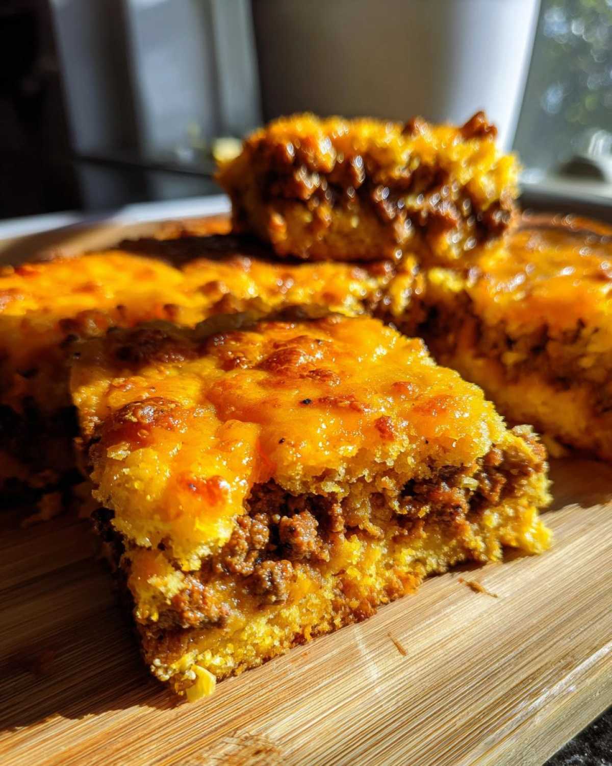 Close-up of baked slices of Mexican cornbread casserole showing a cheesy top and savory meat filling.