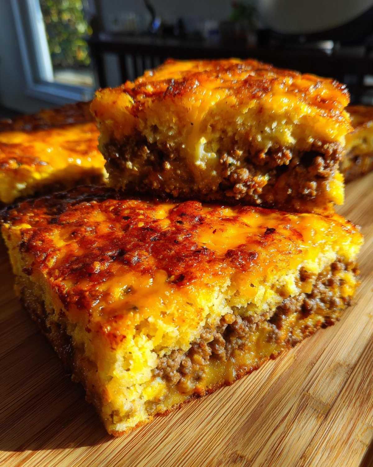 Two thick slices of baked mexican cornbread casserole showing a savory ground meat filling and cheesy top.