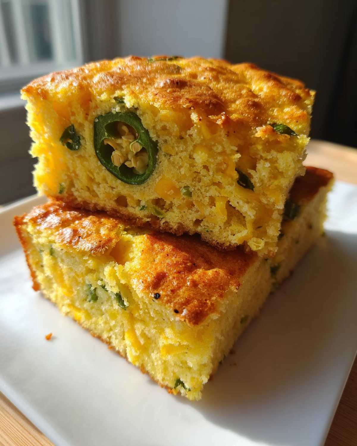 Two stacked squares of golden Mexican cornbread featuring visible chunks of cheese and a prominent slice of jalapeño pepper.