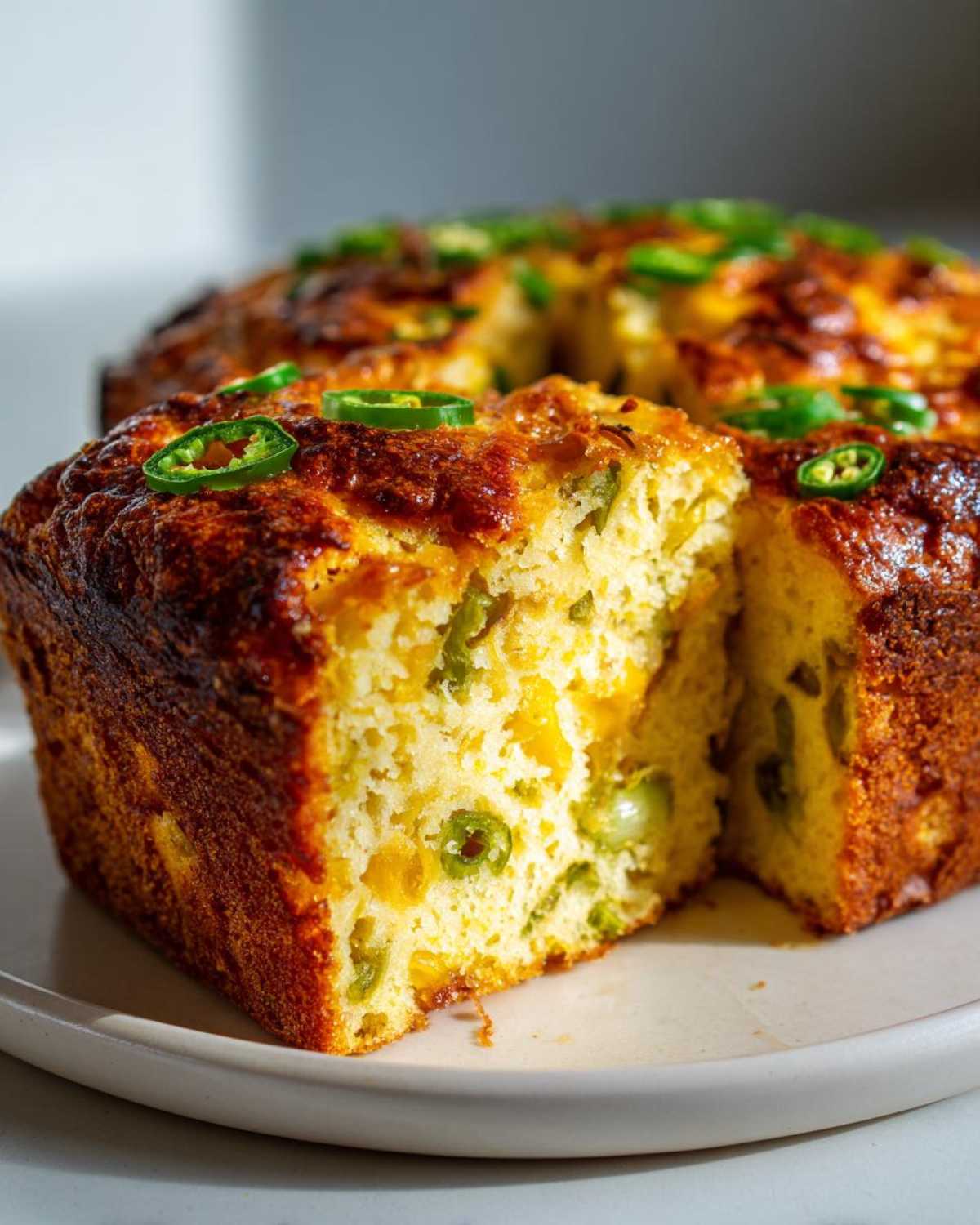 Close-up of a slice of golden Mexican cornbread filled with cheese and green chilies, topped with fresh jalapeño slices.