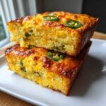 Two golden brown slices of Mexican cornbread, studded with corn and topped with jalapeño slices, stacked on a white plate.
