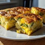 Close-up of moist Mexican cornbread slices showing corn kernels and green peppers baked inside.