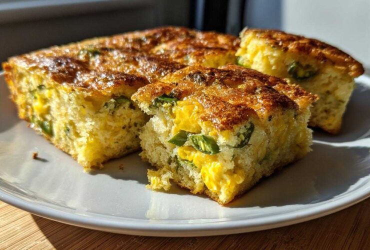 Close-up of moist Mexican cornbread slices showing corn kernels and green peppers baked inside.