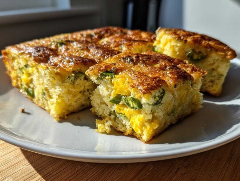 Close-up of moist Mexican cornbread slices showing corn kernels and green peppers baked inside.