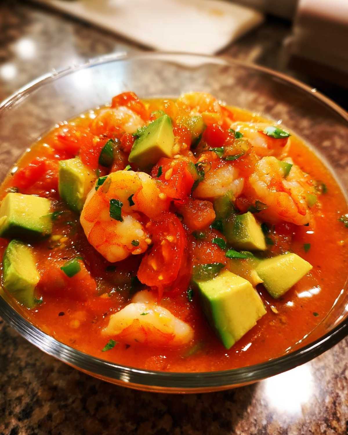 Close-up of a glass bowl filled with vibrant Mexican shrimp cocktail, featuring shrimp, tomatoes, and large avocado chunks.