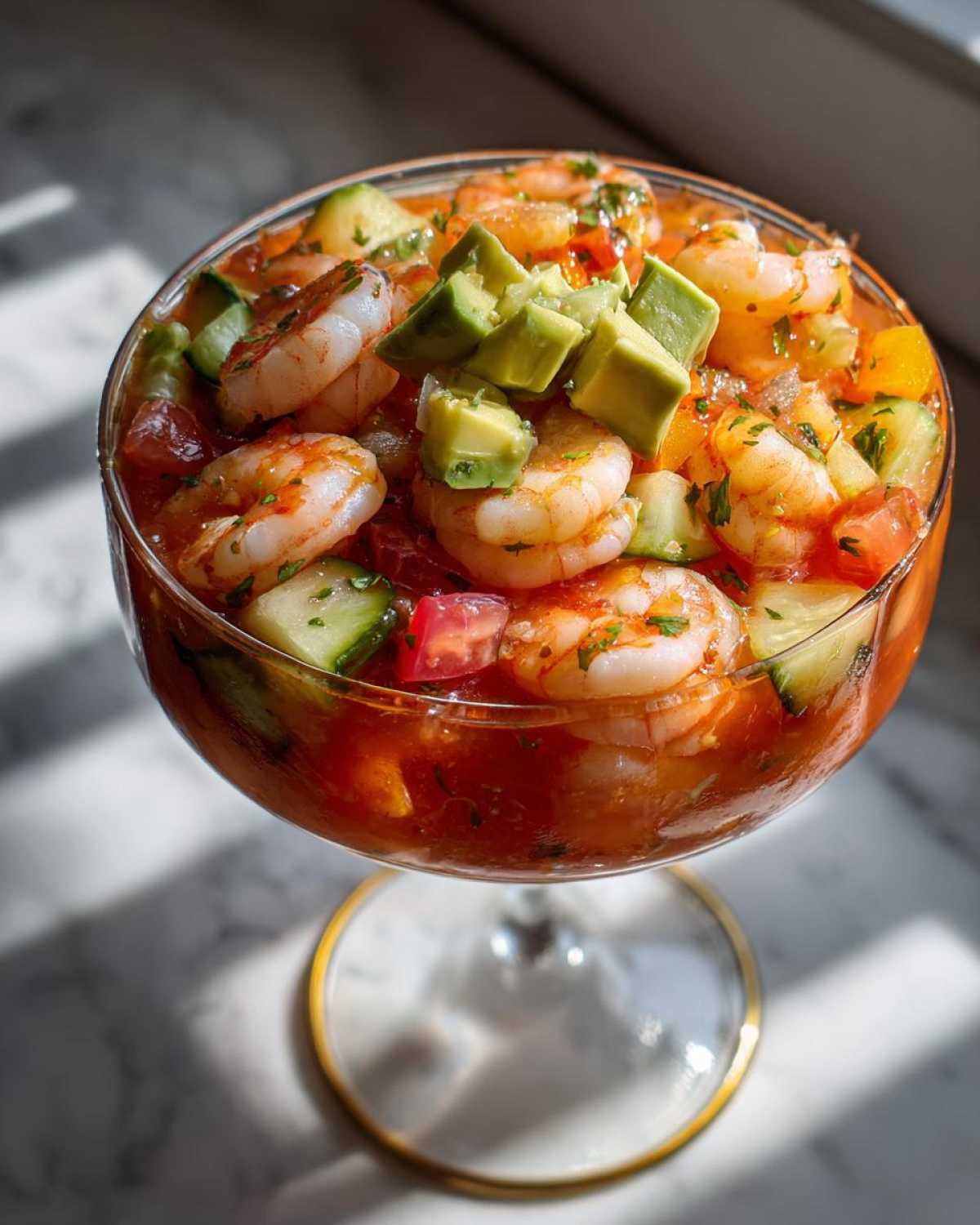 A glass goblet filled with vibrant mexican shrimp cocktail, topped with diced avocado, cucumber, and tomato.