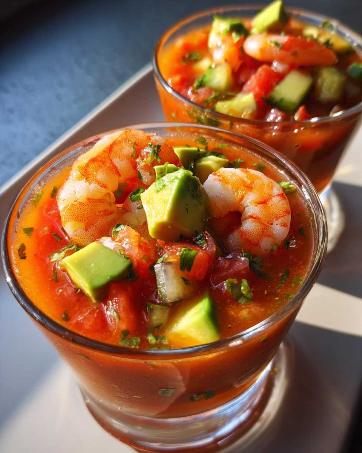 Two glasses of vibrant mexican shrimp cocktail topped with shrimp, avocado, and cilantro.