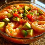A close-up of a refreshing bowl of Mexican shrimp cocktail, featuring plump shrimp, avocado chunks, and tomato-based sauce.