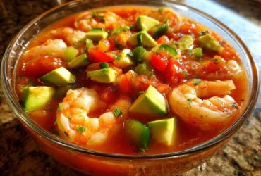 A close-up of a refreshing bowl of Mexican shrimp cocktail, featuring plump shrimp, avocado chunks, and tomato-based sauce.