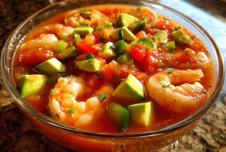 A close-up of a refreshing bowl of Mexican shrimp cocktail, featuring plump shrimp, avocado chunks, and tomato-based sauce.