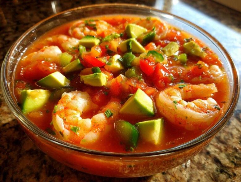 A close-up of a refreshing bowl of Mexican shrimp cocktail, featuring plump shrimp, avocado chunks, and tomato-based sauce.