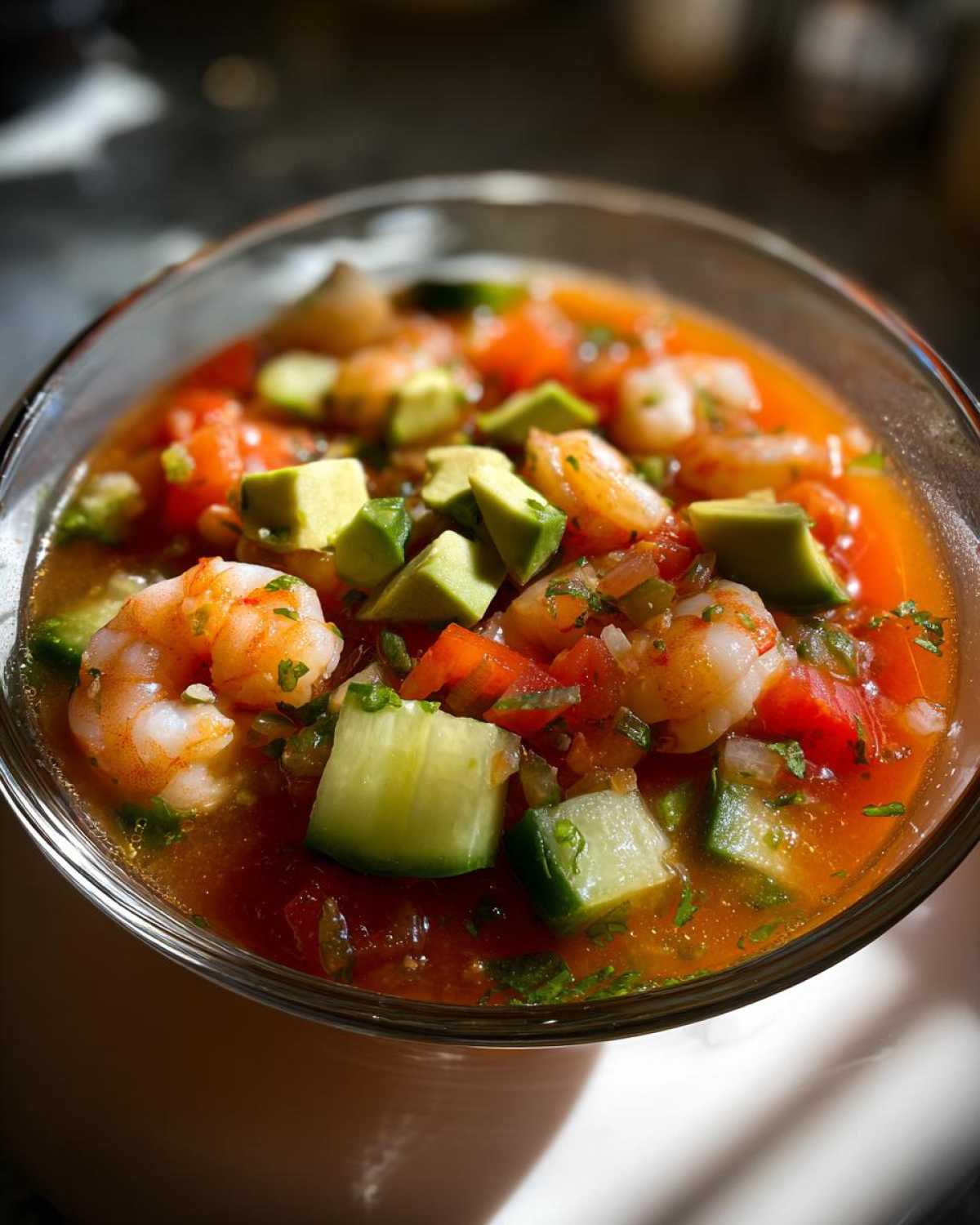 Close-up of a glass filled with vibrant mexican shrimp cocktail, featuring shrimp, diced avocado, cucumber, and tomato in a savory sauce.