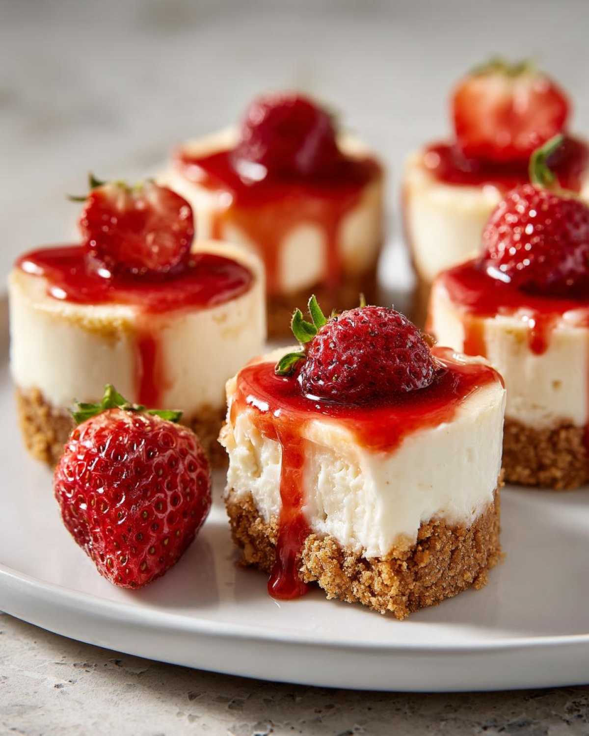 Close-up of several mini strawberry cheesecake bites topped with glaze and fresh strawberries on a white plate.