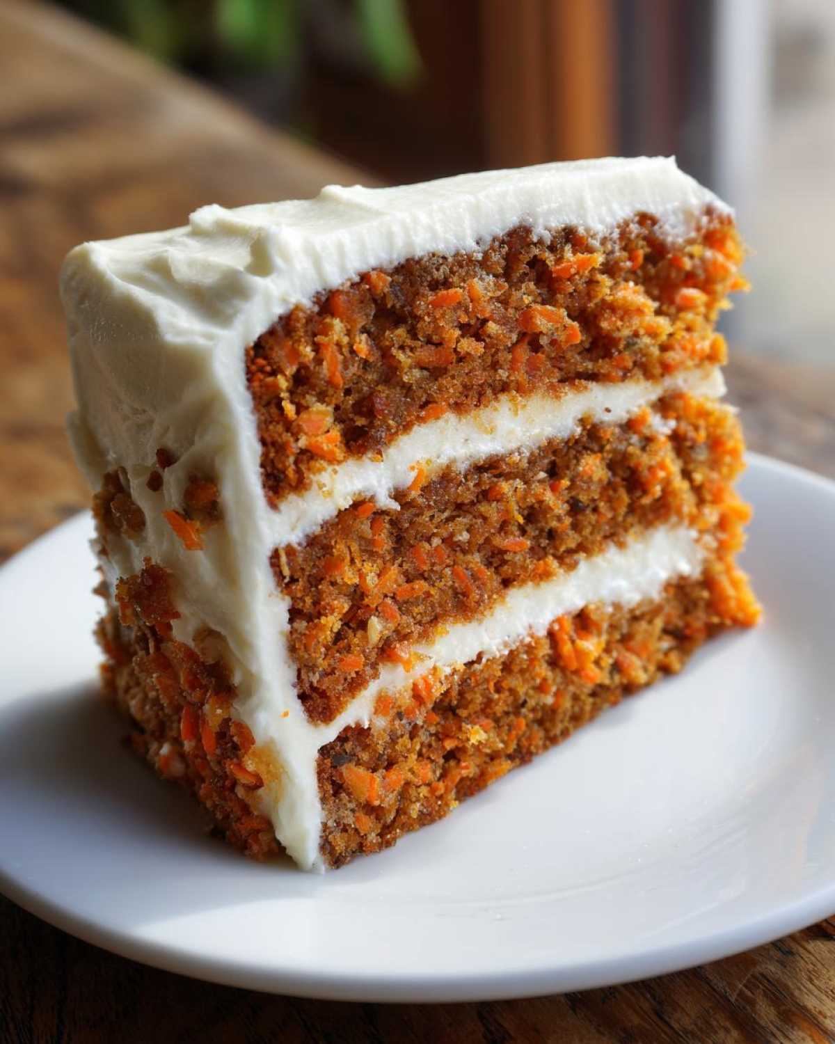 A tall, moist slice of carrot cake recipe with thick cream cheese frosting layers.