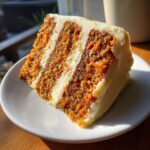 Close-up of a moist slice of carrot cake recipe showing three layers of cake and thick cream cheese frosting.