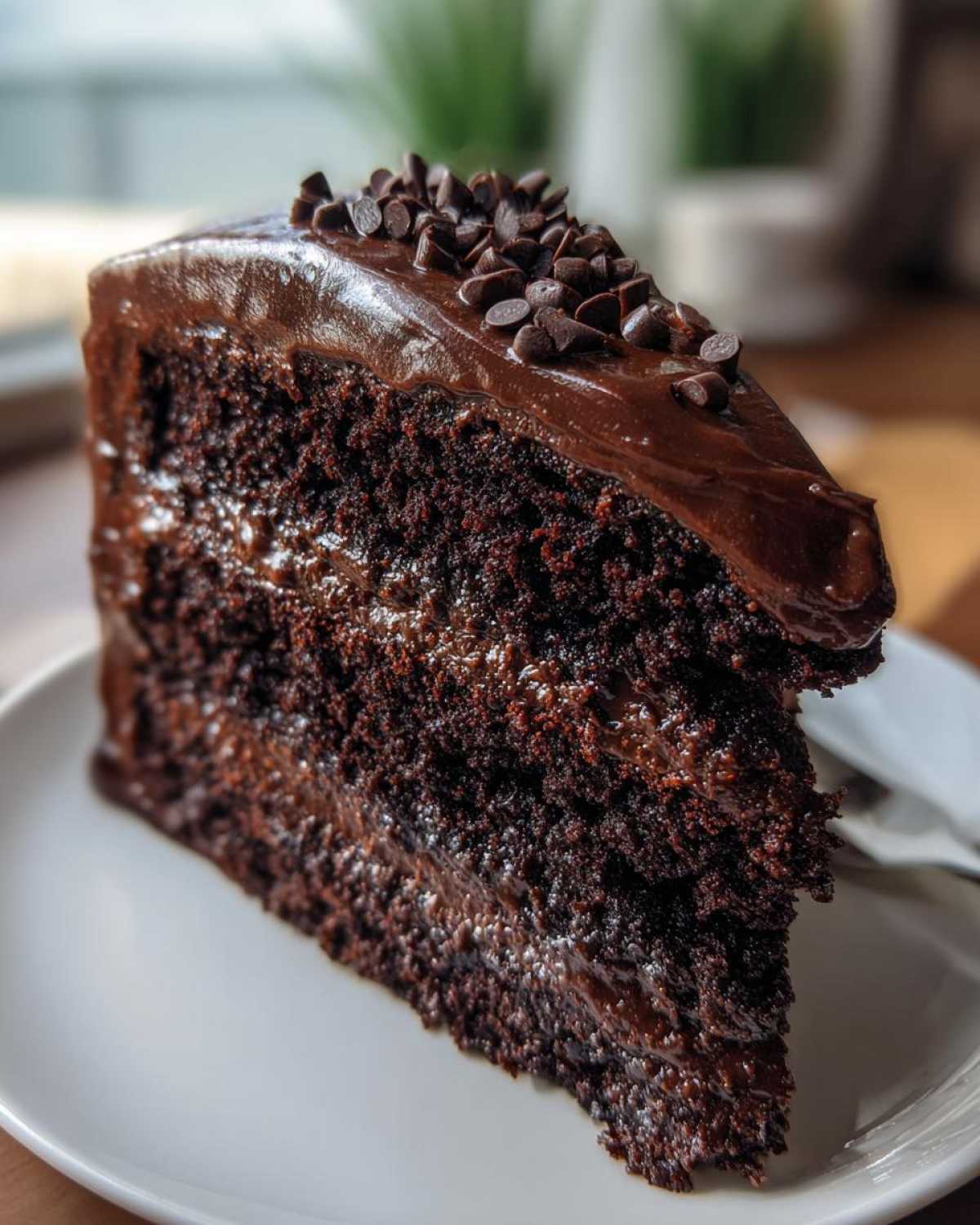 A rich, moist slice of chocolate fudge cake topped with thick frosting and mini chocolate chips.