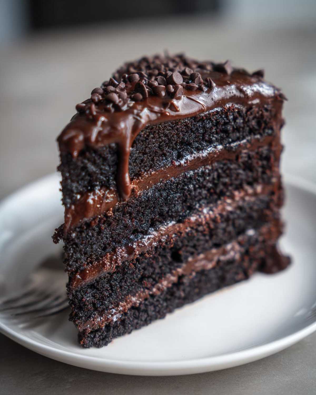 A moist slice of dark chocolate fudge cake with thick layers of frosting and chocolate chips on top.