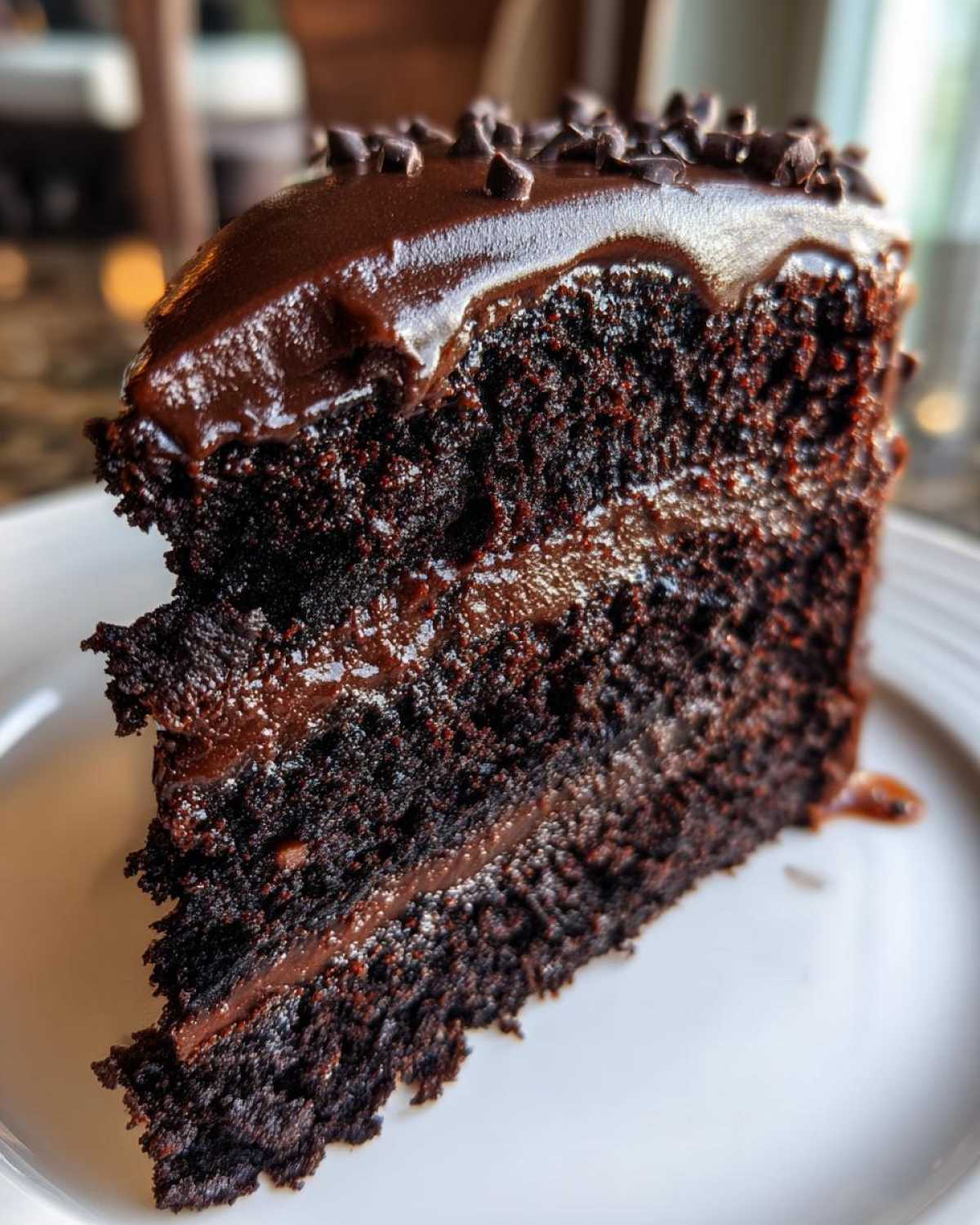 Close-up of a moist slice of chocolate fudge cake layered with rich frosting and topped with chocolate chips.