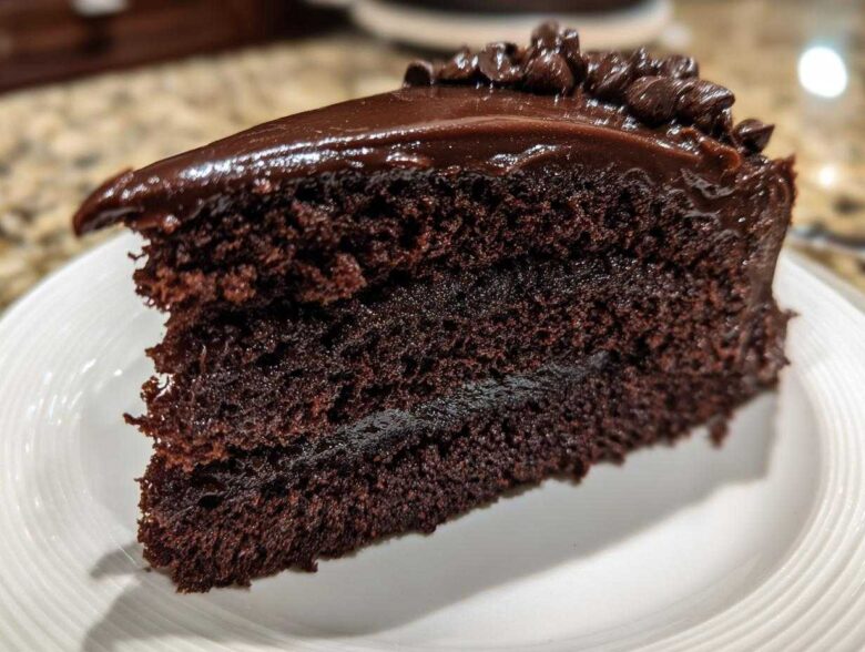 Close-up of a moist slice of chocolate fudge cake layered with dark ganache and topped with chocolate chips.