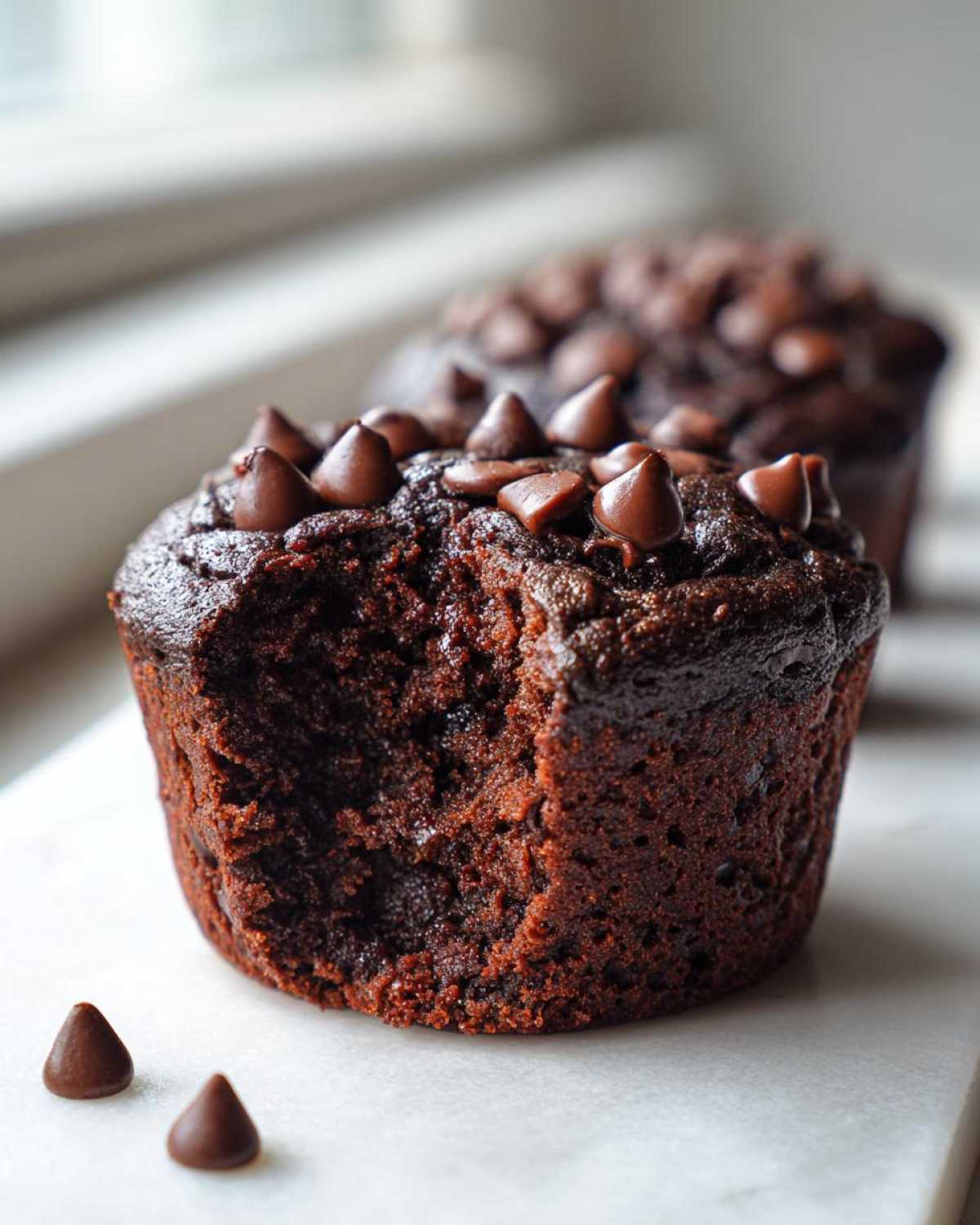 Close-up of a rich, dark chocolate zucchini muffins with a bite taken out, topped with chocolate chips.