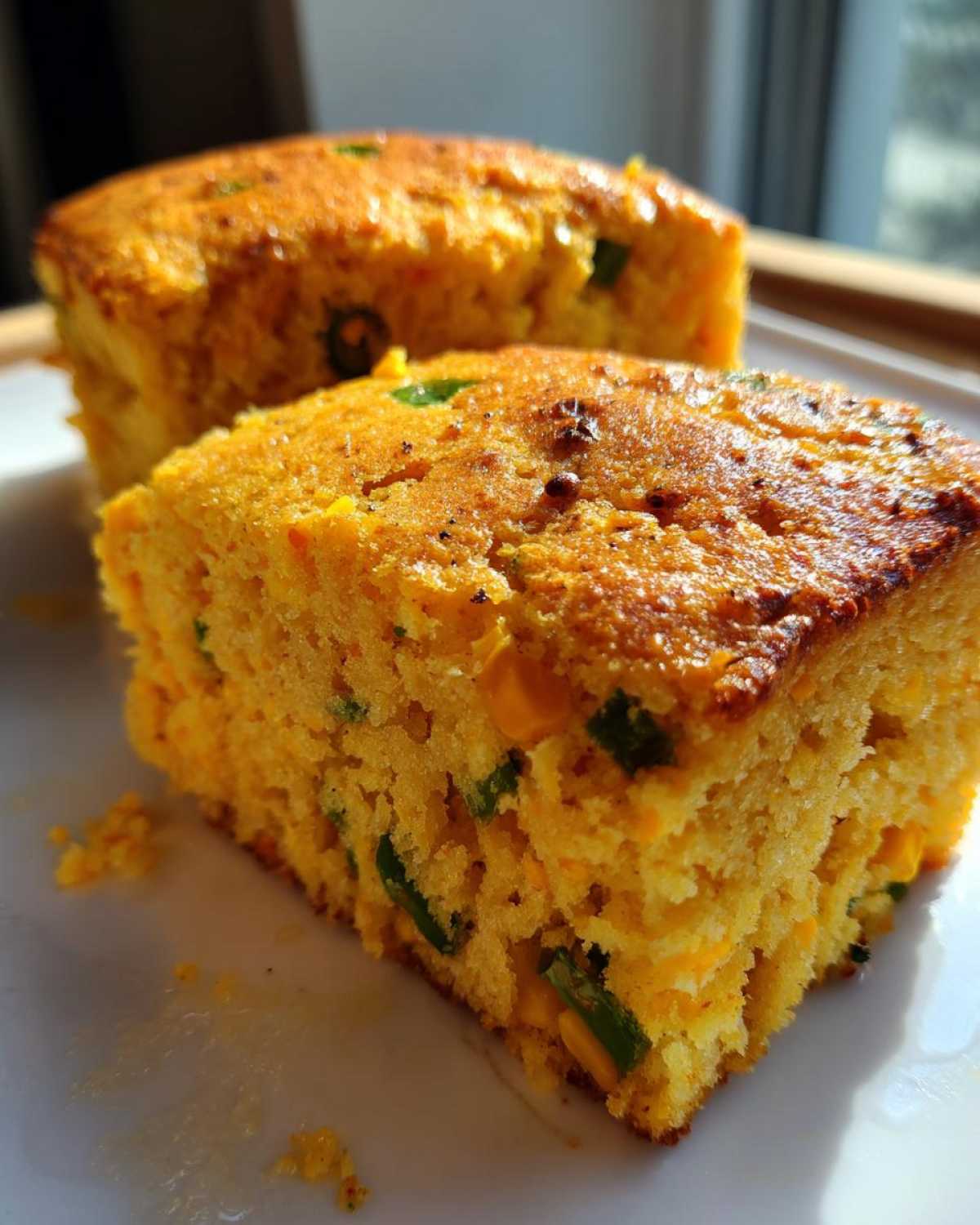 Two moist slices of golden Mexican cornbread featuring visible corn kernels and green jalapeño pieces.