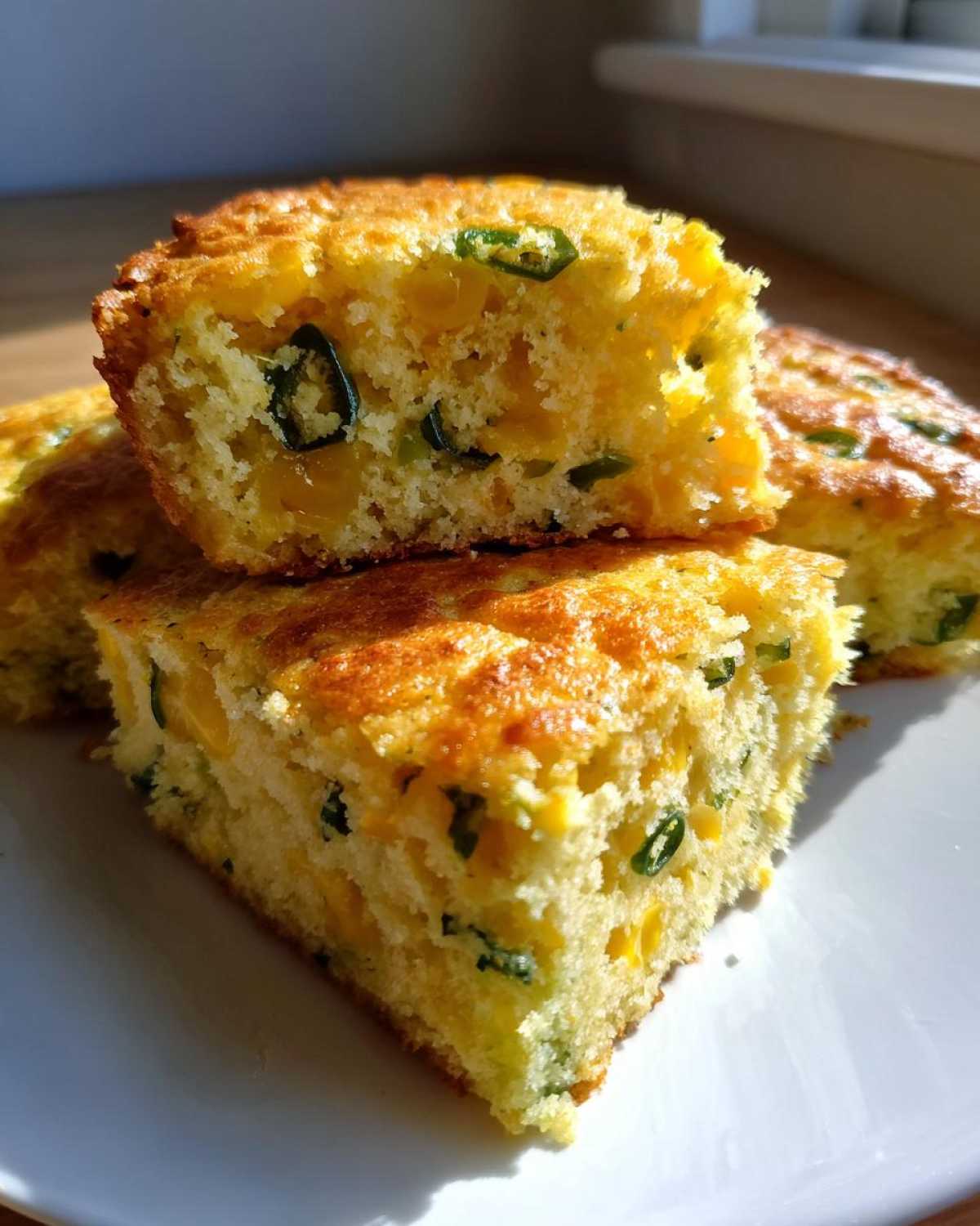 Close-up of three moist slices of Mexican cornbread, showing corn kernels and green jalapeño pieces.