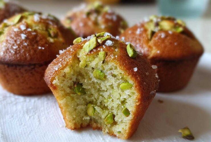 A close-up photo of a pistachio muffin broken in half, showing the moist crumb and whole pistachios inside. Other pistachio muffins are blurred in the background.