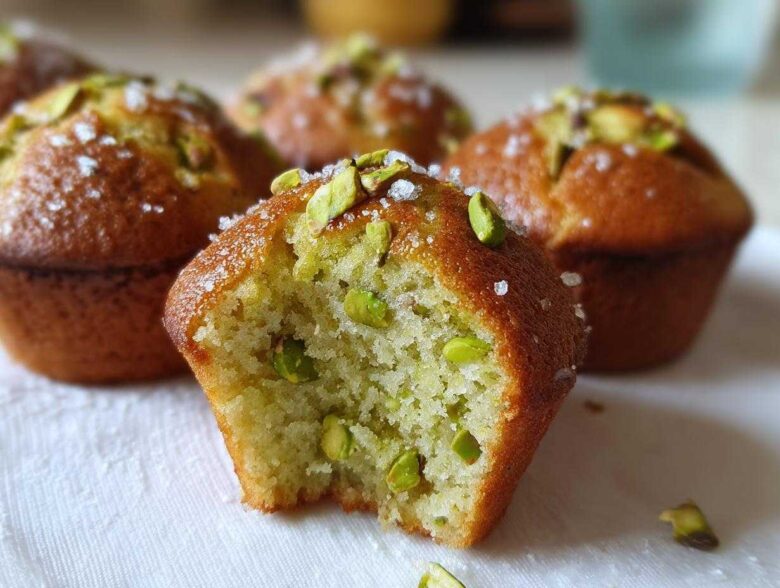 A close-up photo of a pistachio muffin broken in half, showing the moist crumb and whole pistachios inside. Other pistachio muffins are blurred in the background.