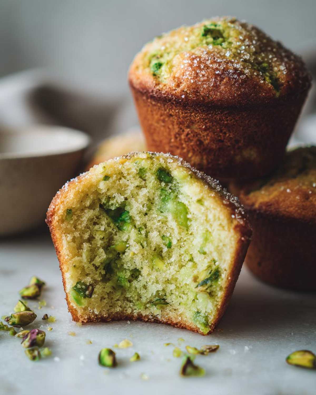Cross-section view of a delicious pistachio muffin showing the moist crumb and green pistachio pieces, topped with coarse sugar.