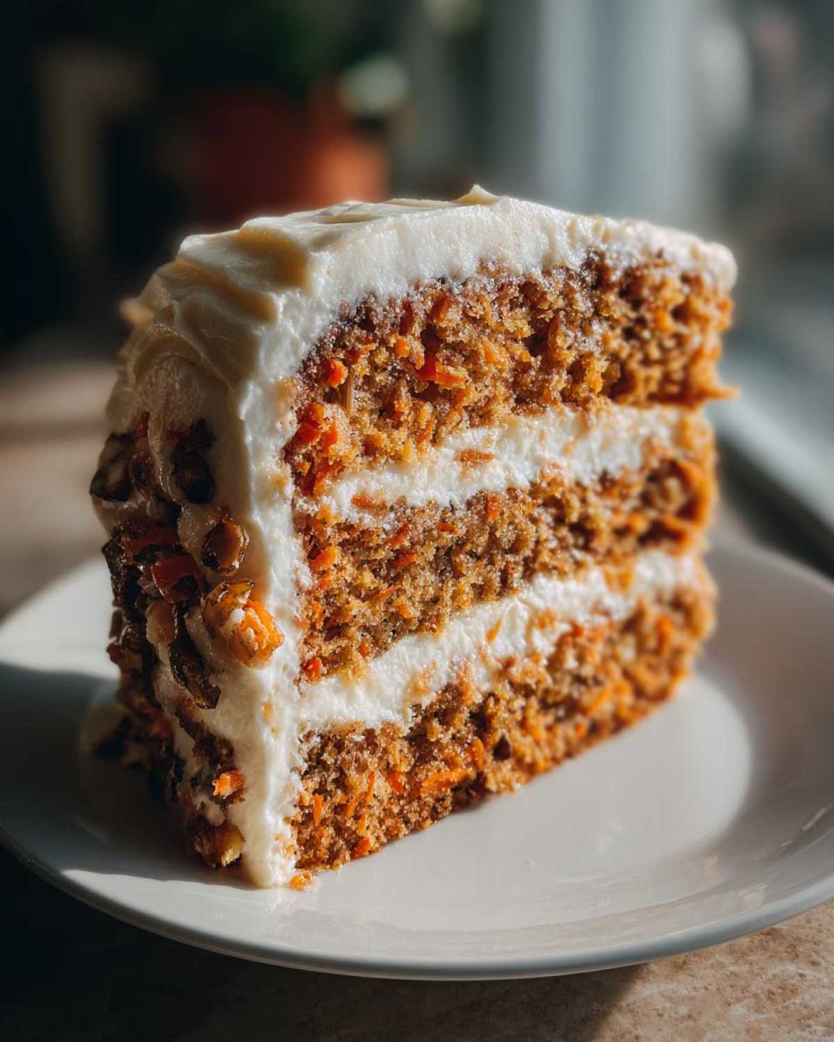 Close-up of a moist, three-layer carrot cake recipe slice with thick cream cheese frosting and nuts.